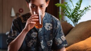 和風の服装でお茶を飲む若い人