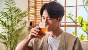 自然光の差し込む室内でお茶を飲む若い人