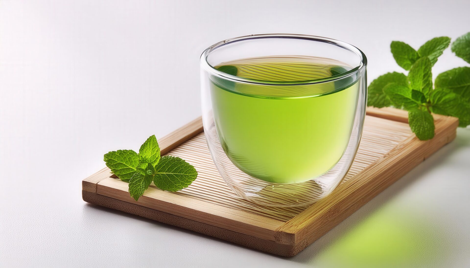 木製トレイに置かれた緑色の飲み物