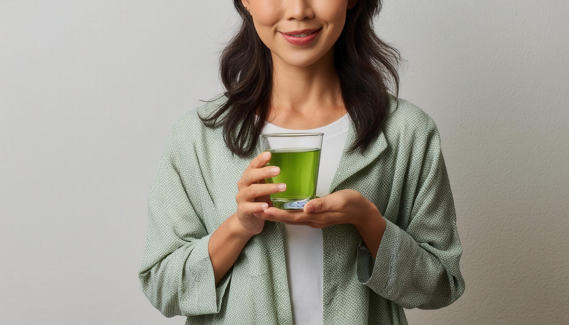 白背景で緑色の飲み物を両手で持つ若い人