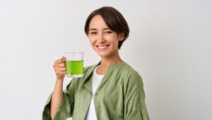 和風の上着で緑色の飲み物を持つ若い人