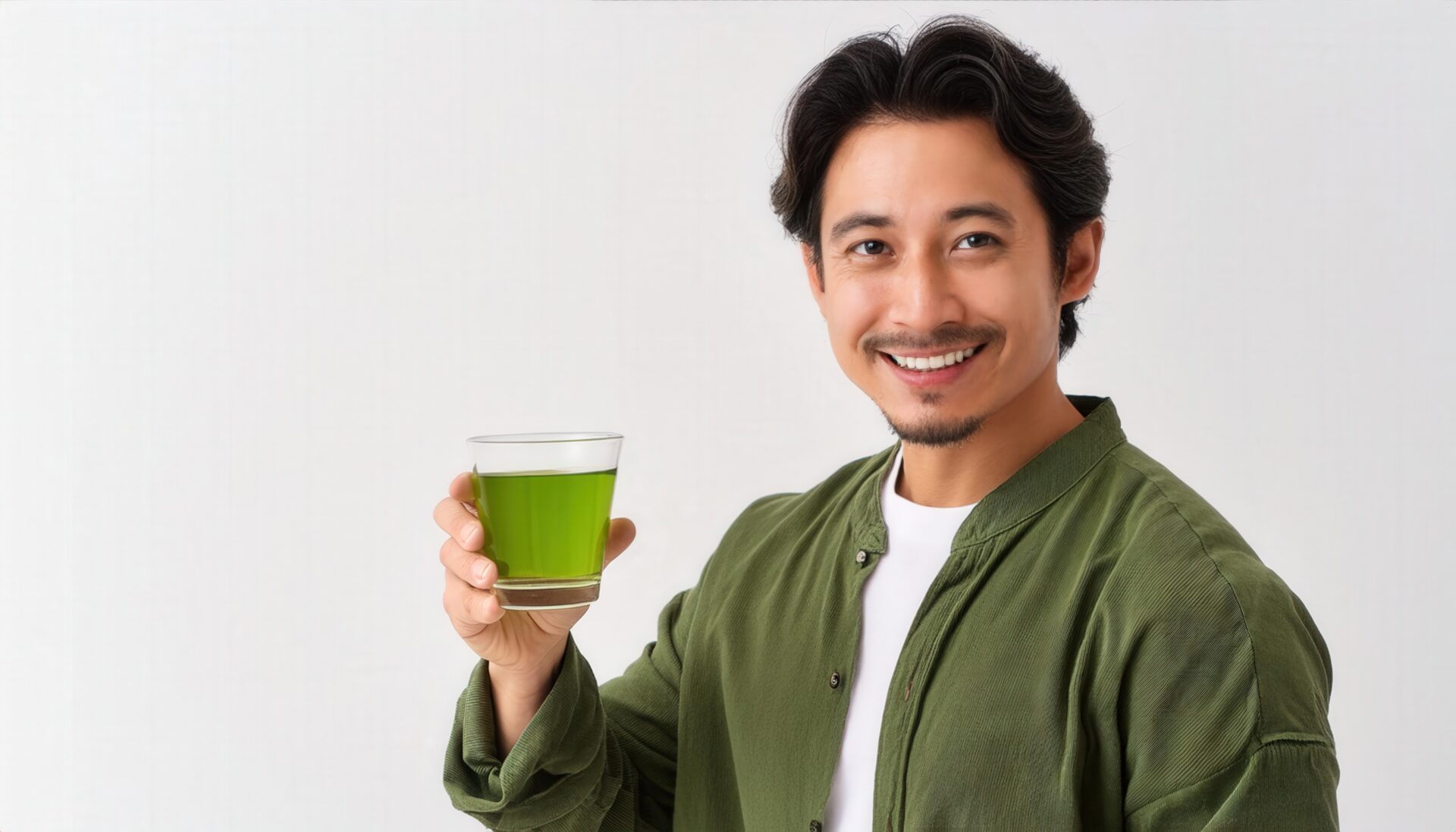 白背景で緑色の飲み物を持つ若い人