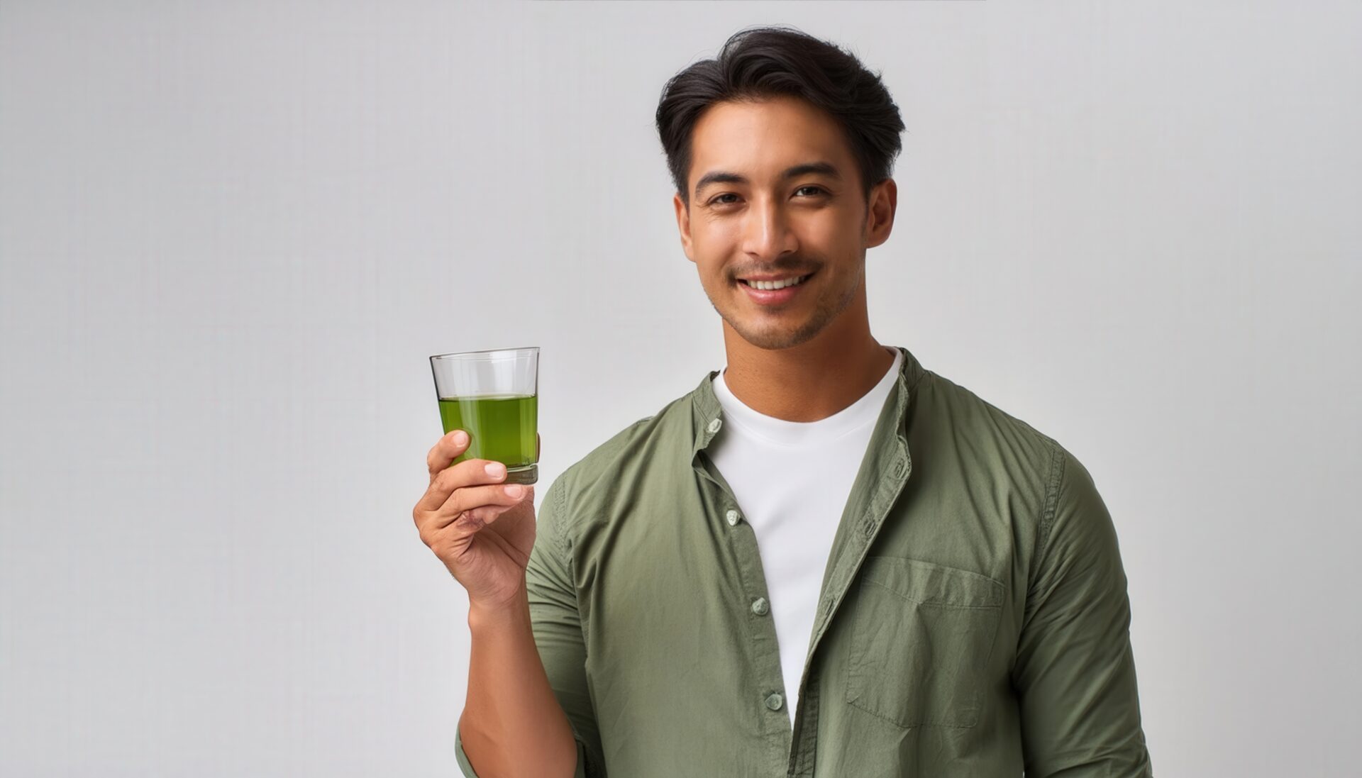 白背景でグラスの緑色の飲み物を持つ若い人