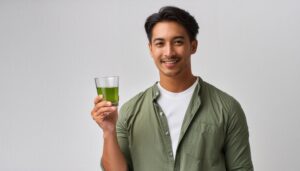 白背景でグラスの緑色の飲み物を持つ若い人