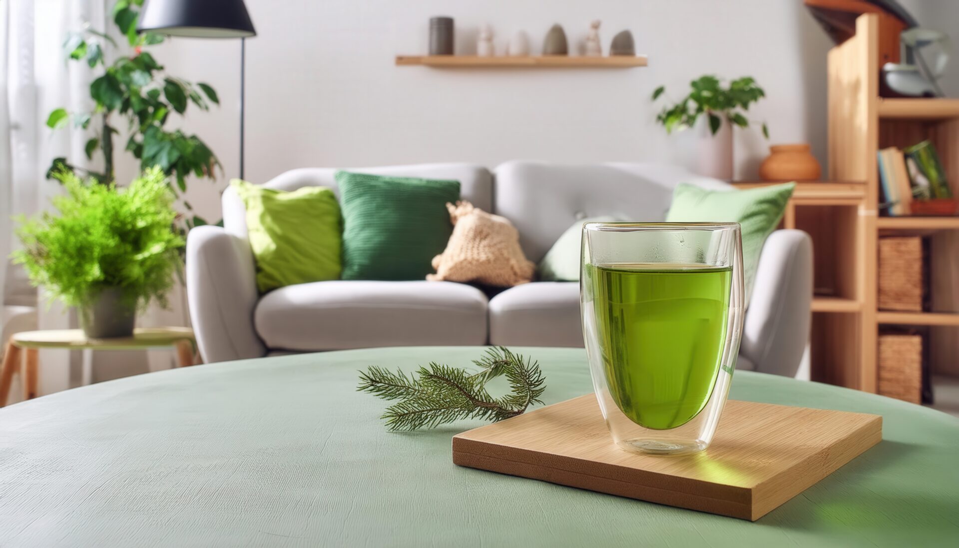 木製トレイに乗った緑色の飲み物と緑の枝