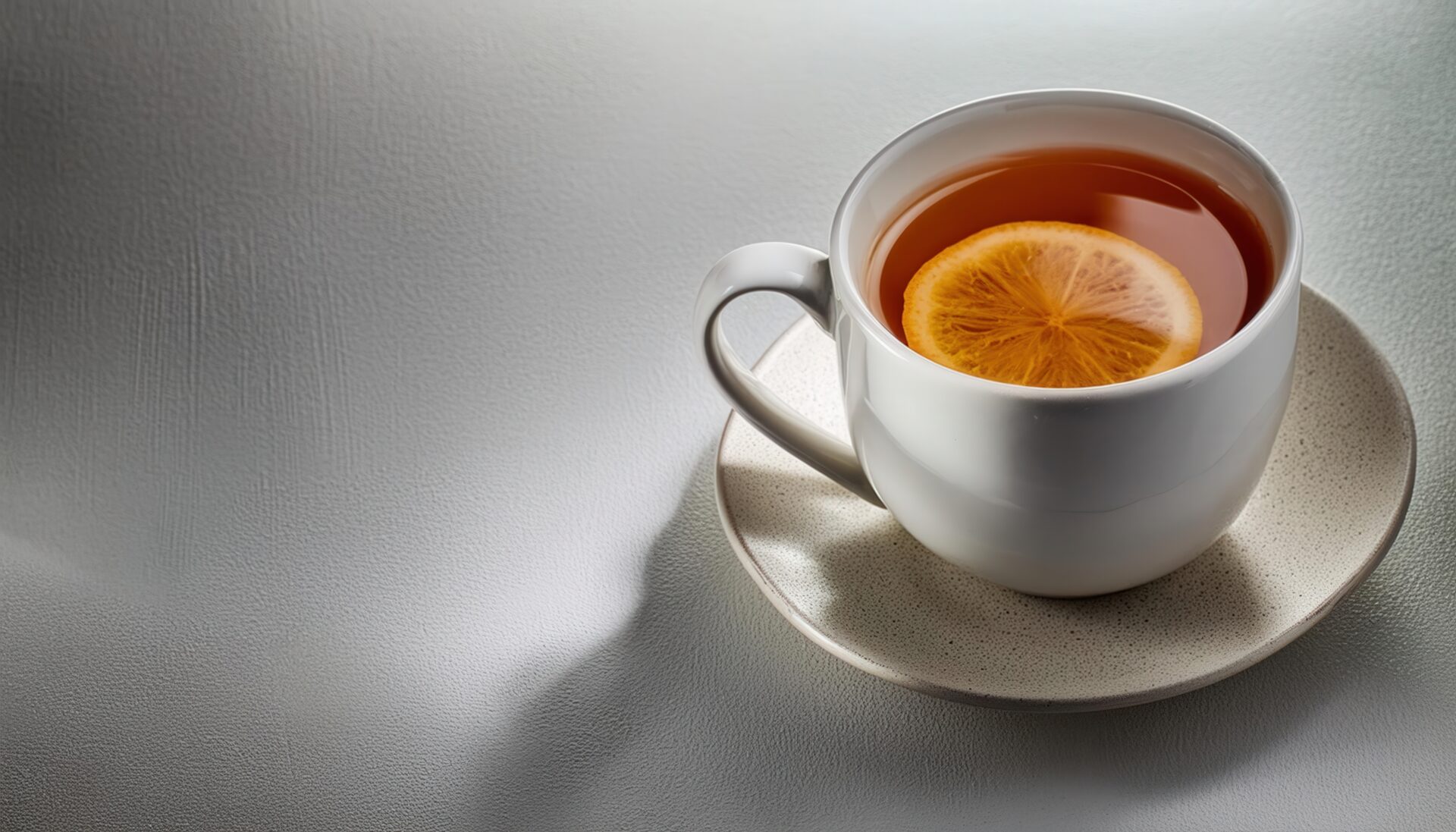 白いカップにレモンスライスが入った茶色い飲み物