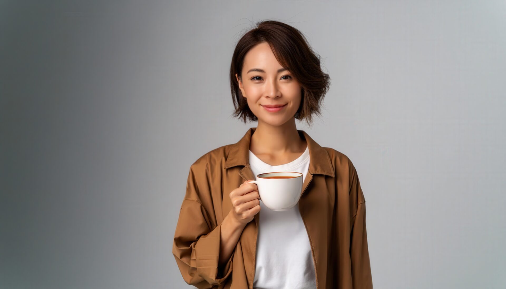 落ち着いた背景で白いカップの茶色い飲み物を持つ若い人