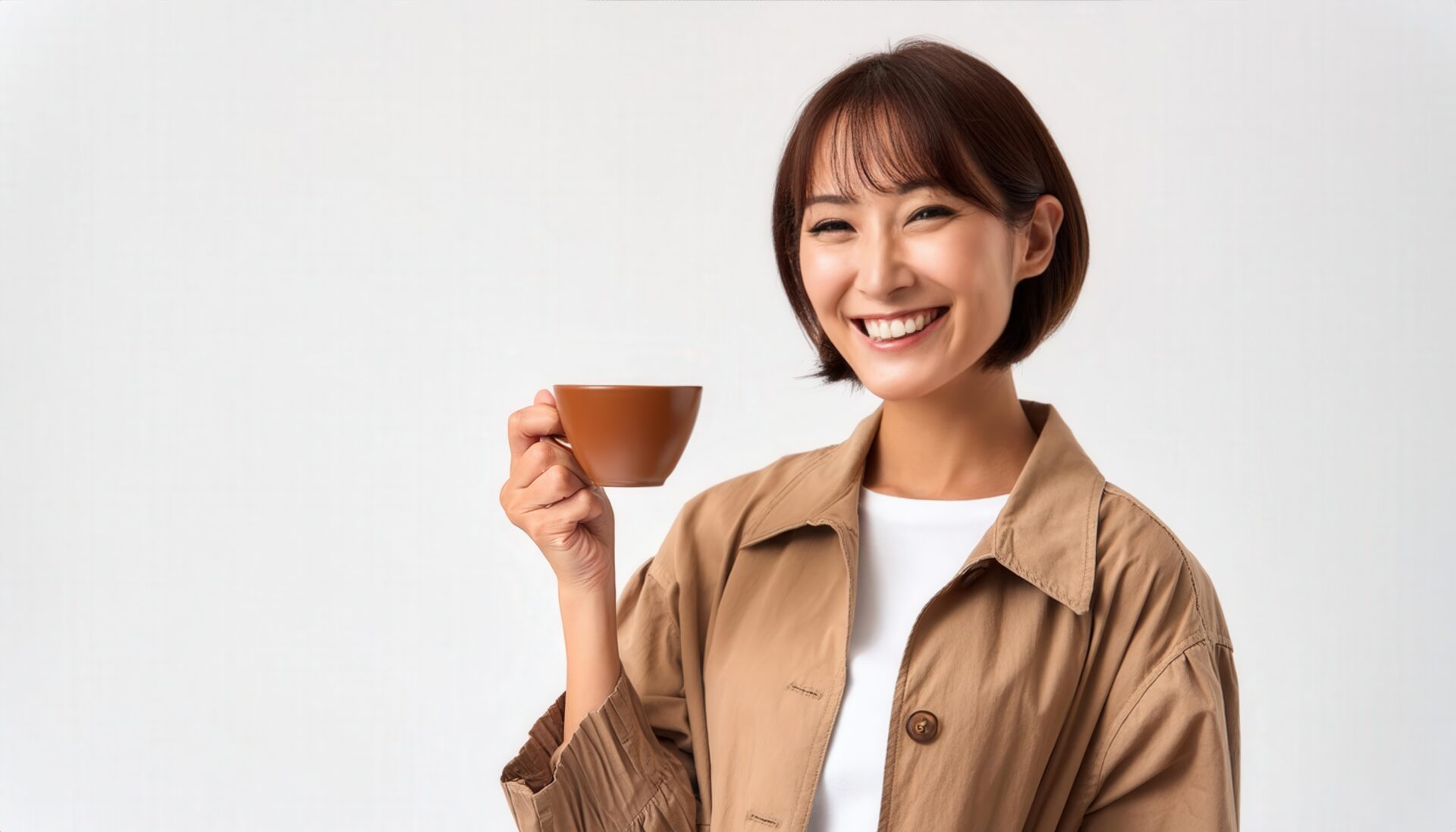 白背景で茶色い飲み物を手に持つ若い人