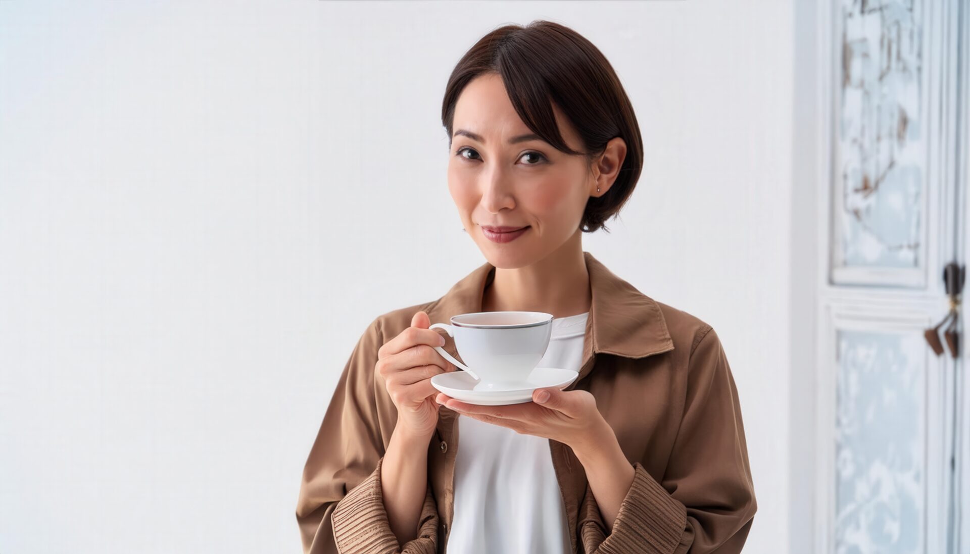 白背景でティーカップを持つ若い人