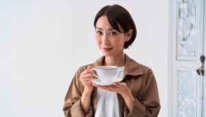 白背景でティーカップを持つ若い人