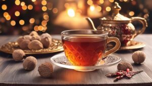 暖かな照明で金色の装飾ティーカップに注がれた茶色い飲み物