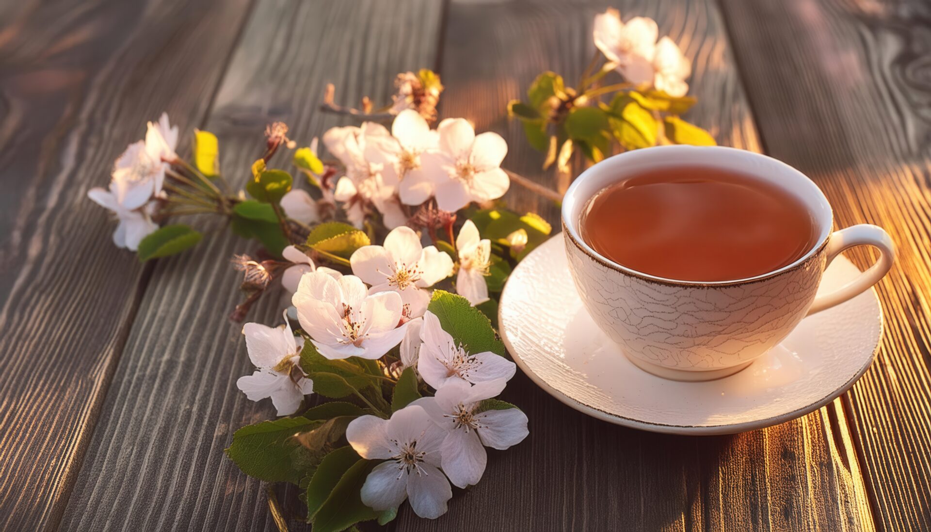 白いカップと白い花が並ぶ木のテーブルの茶色い飲み物