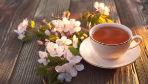 白いカップと白い花が並ぶ木のテーブルの茶色い飲み物