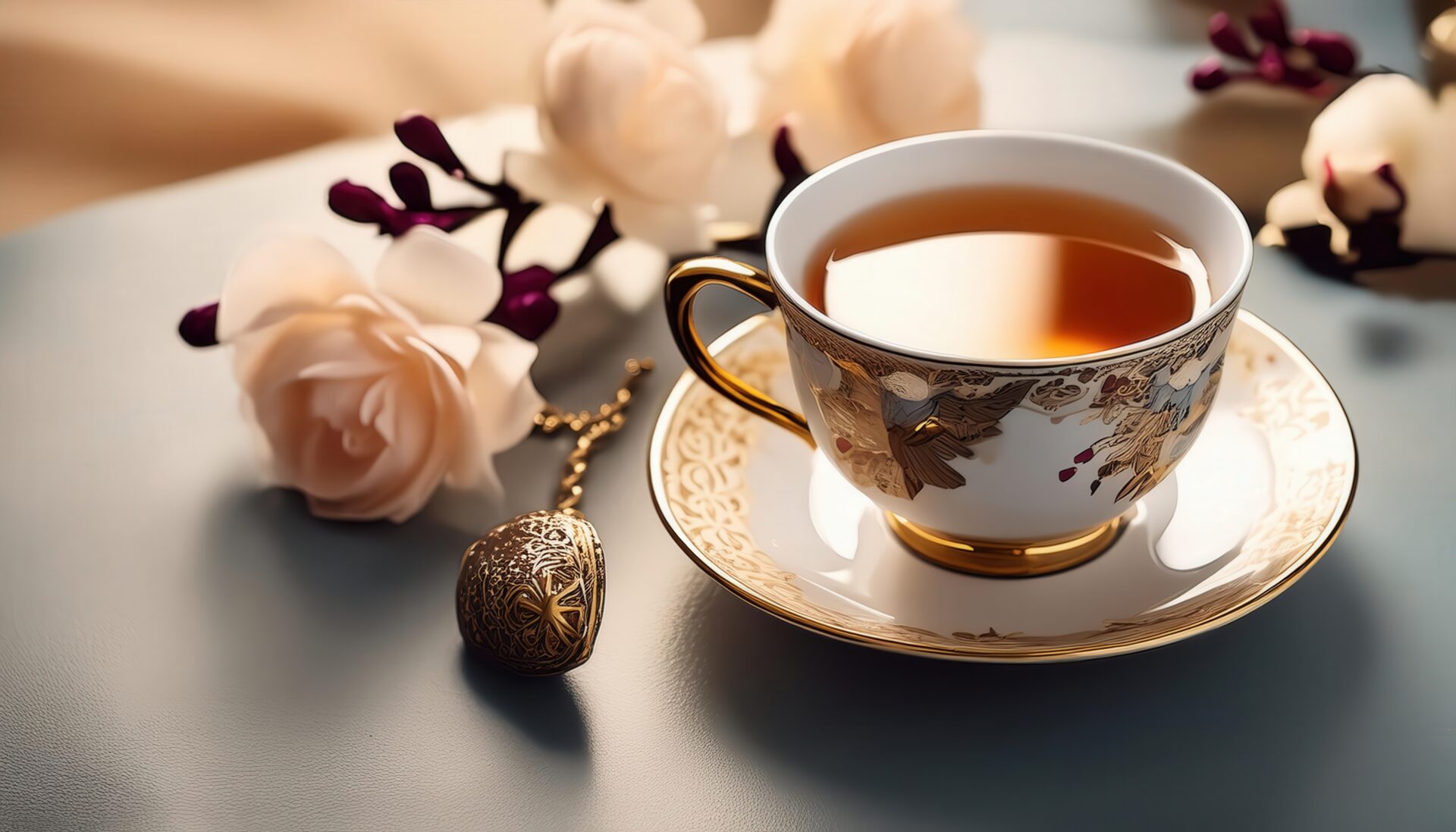 花と金色の装飾カップに注がれた茶色い飲み物