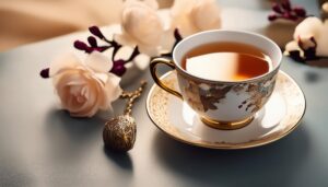花と金色の装飾カップに注がれた茶色い飲み物