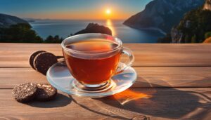 海辺の夕日を背景にガラスカップの茶色い飲み物