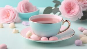 パステルカラーのティーカップとキャンディが並ぶ茶色い飲み物