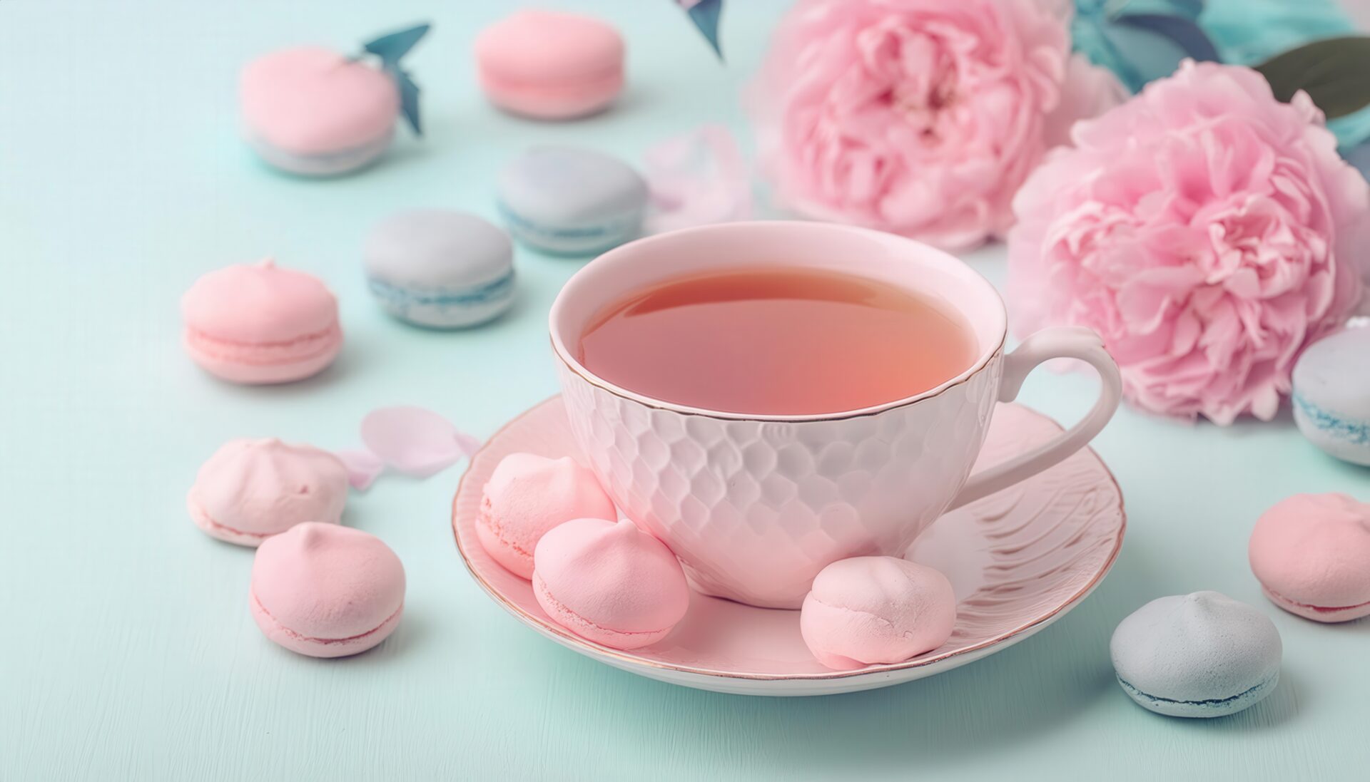 ピンクのティーカップとマカロンが並ぶ茶色い飲み物