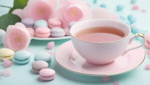 ピンクのティーカップとパステルマカロンが並ぶ茶色い飲み物