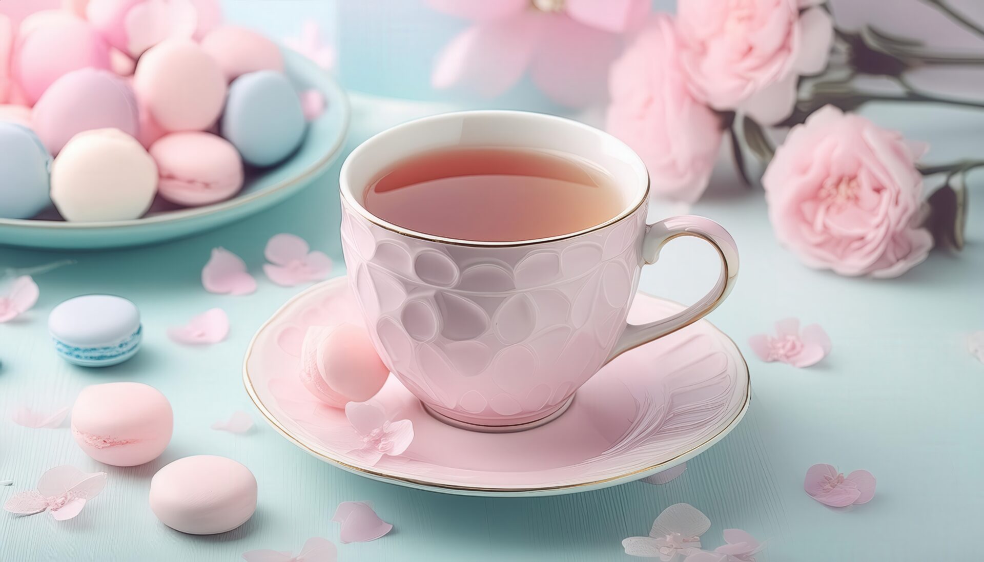 パステル調のティーカップとお菓子が並ぶ茶色い飲み物