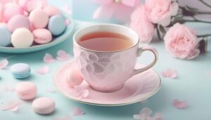 パステル調のティーカップとお菓子が並ぶ茶色い飲み物