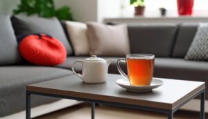 ティーポットと透明カップの茶色い飲み物があるリビング