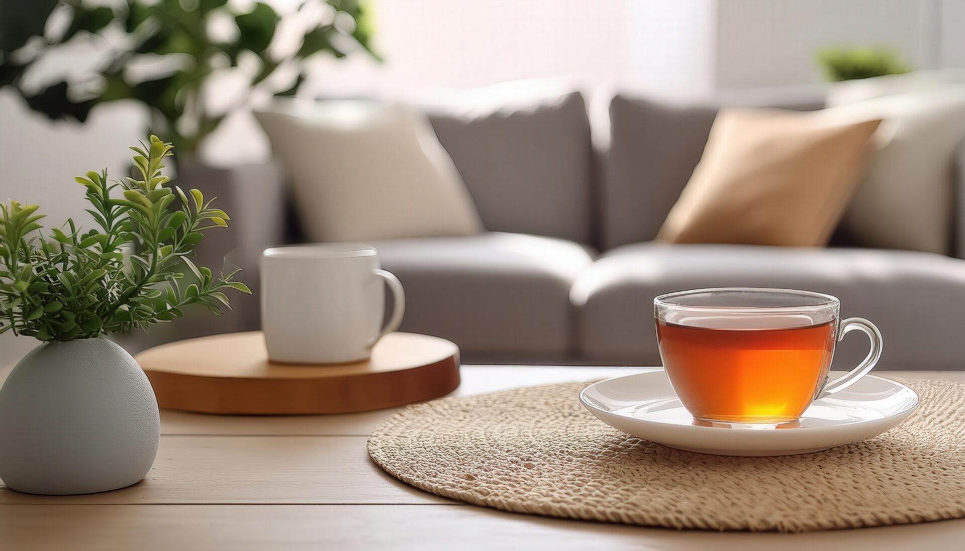 落ち着いたリビングに置かれた透明カップの茶色い飲み物