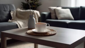 シンプルなリビングに置かれた白いカップの茶色い飲み物