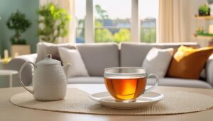 大きな窓のあるリビングで白いティーポットと茶色い飲み物