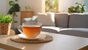 日差しが差し込むリビングに置かれた茶色い飲み物