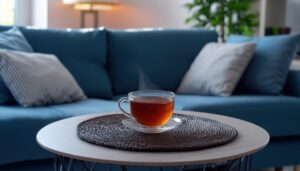 ブルーのソファがある室内に置かれた茶色い飲み物