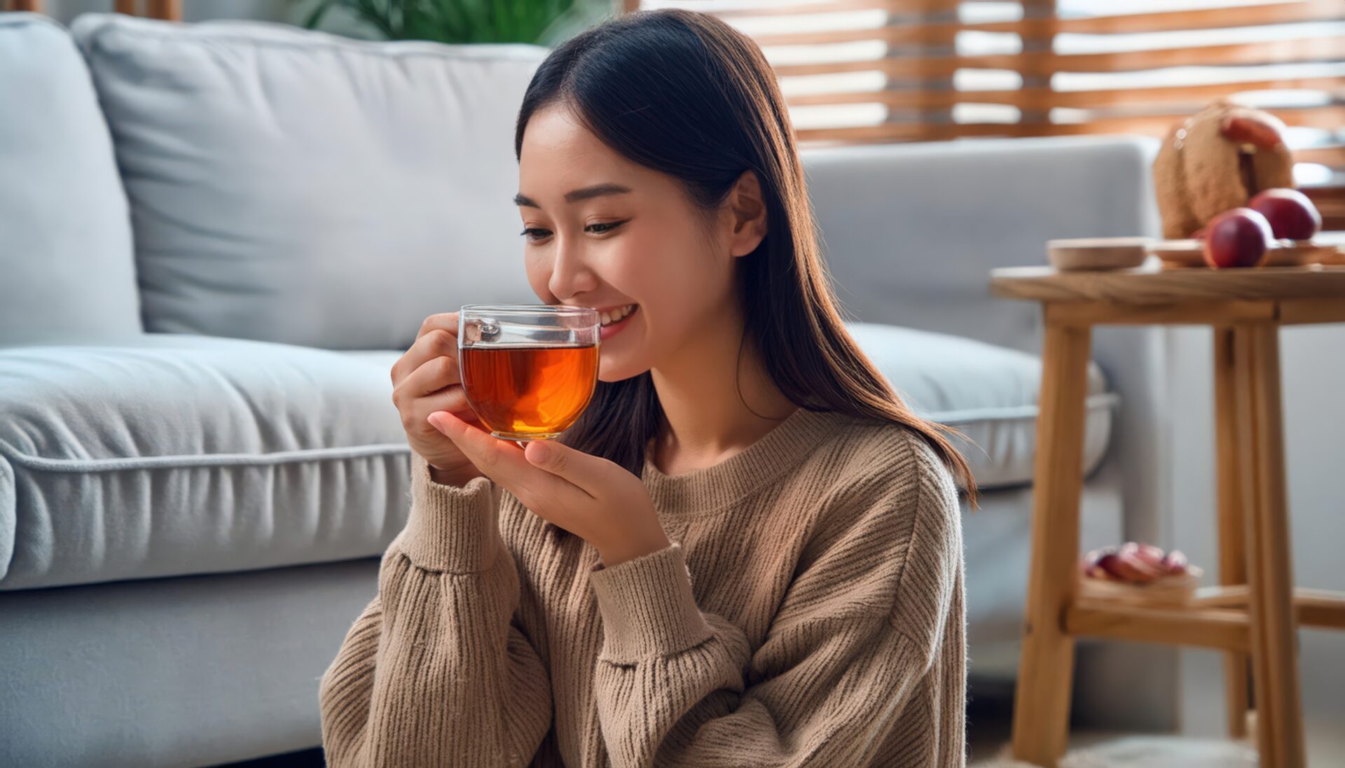 ソファの前で茶色い飲み物を楽しむ若い人