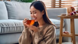 ソファの前で茶色い飲み物を楽しむ若い人