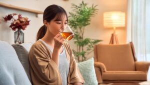 暖かい雰囲気の室内で茶色い飲み物を飲む若い人