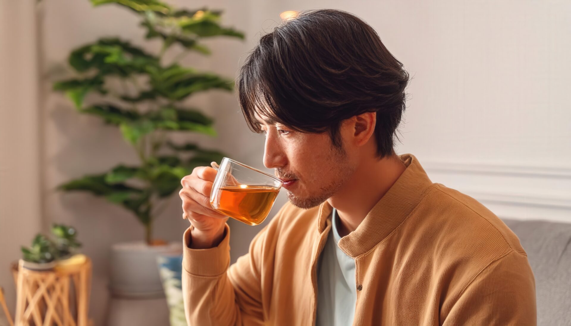 暖かな室内で茶色い飲み物を飲む若い人