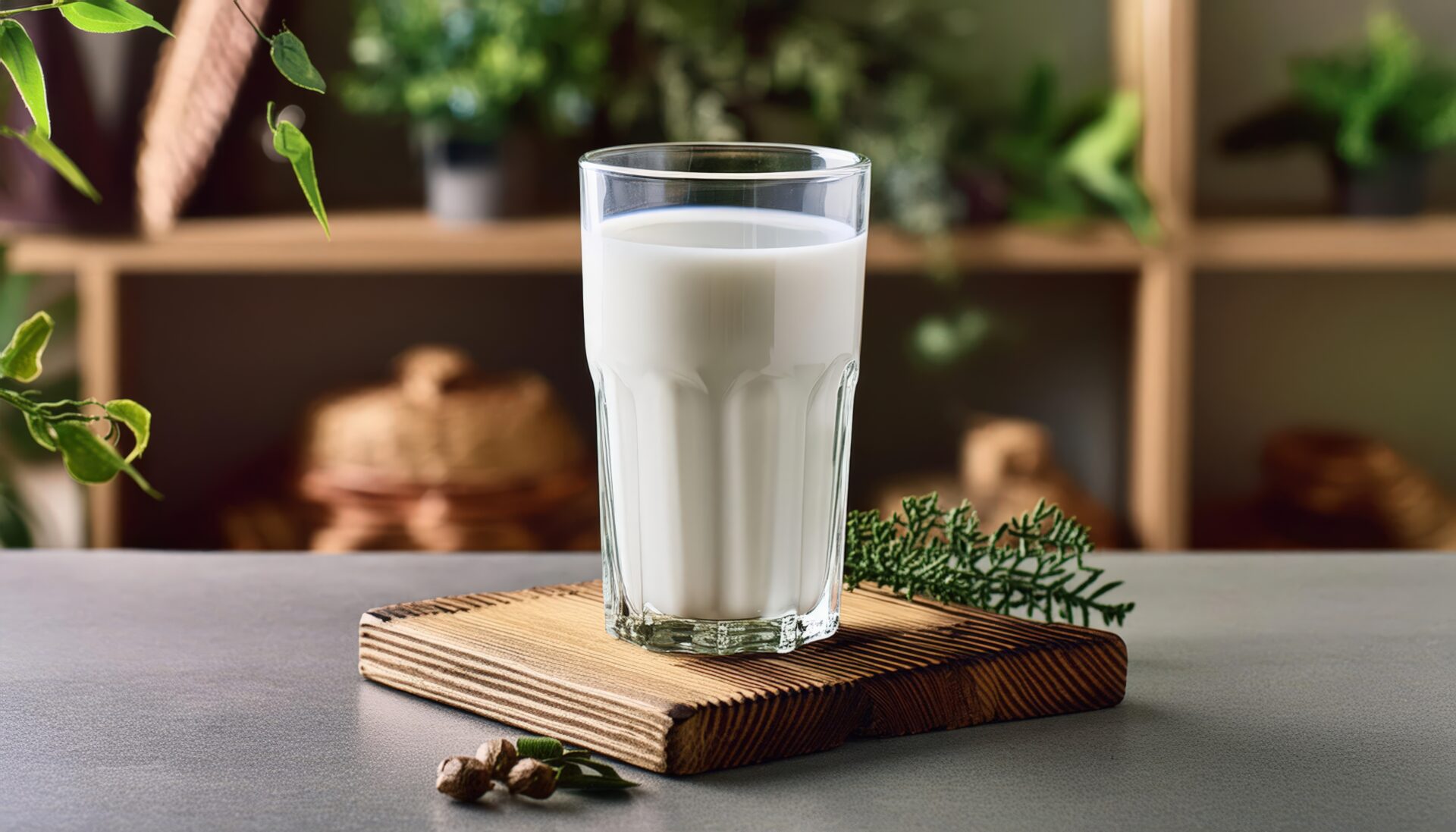 木製ボードに置いた牛乳と植物のある室内