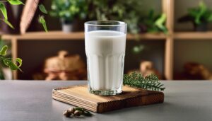 木製ボードに置いた牛乳と植物のある室内