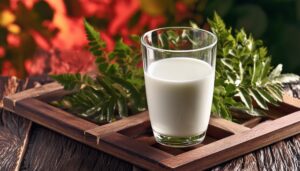 グリーンの葉を背景にした牛乳のグラス