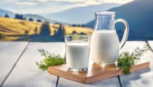山の風景を背景に木製トレー上の牛乳とピッチャー