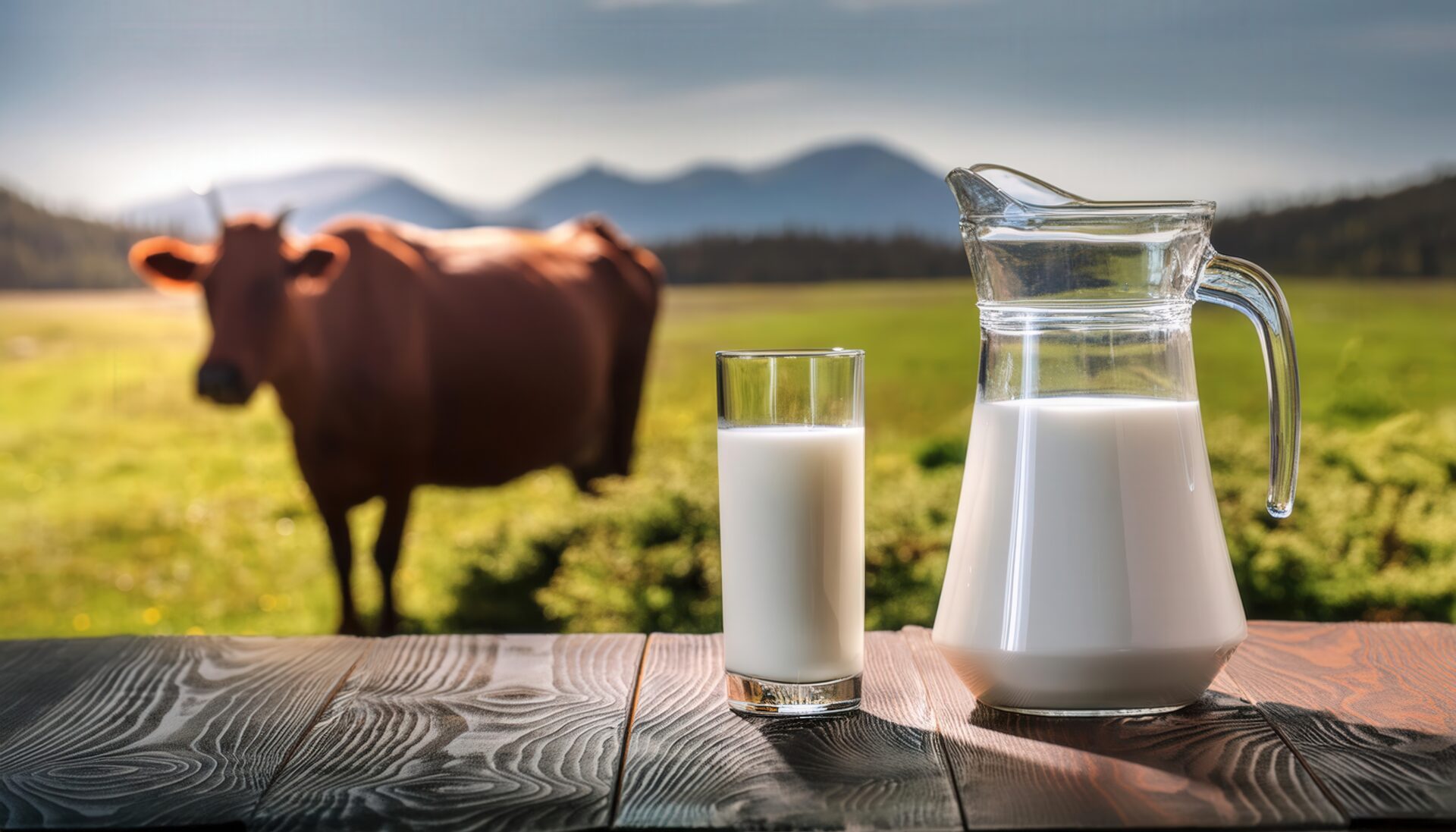 牧場の牛を背景にした牛乳とピッチャー