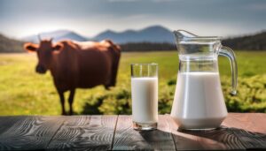 牧場の牛を背景にした牛乳とピッチャー