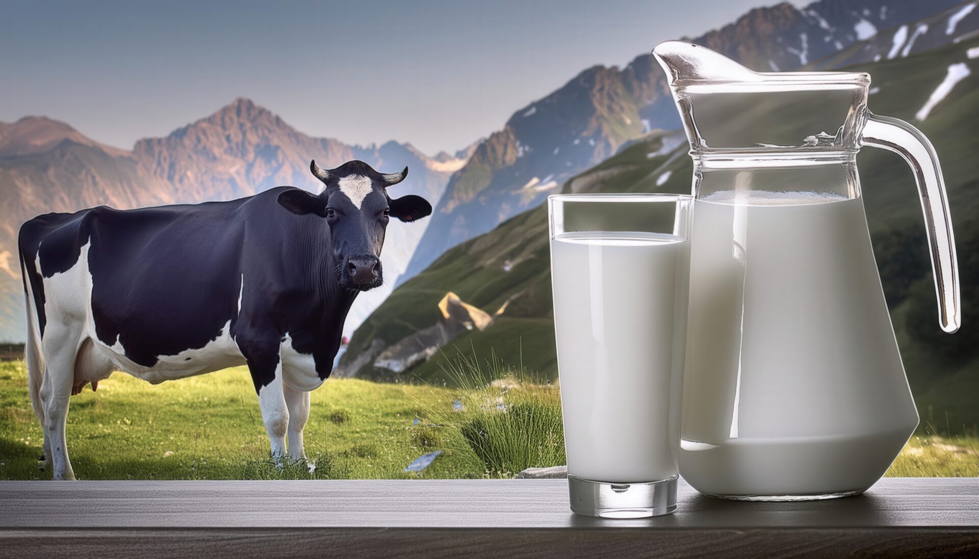 ホルスタインを背景にした牛乳とピッチャー