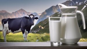 ホルスタインを背景にした牛乳とピッチャー