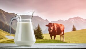 赤毛の牛を背景にした牛乳ピッチャー