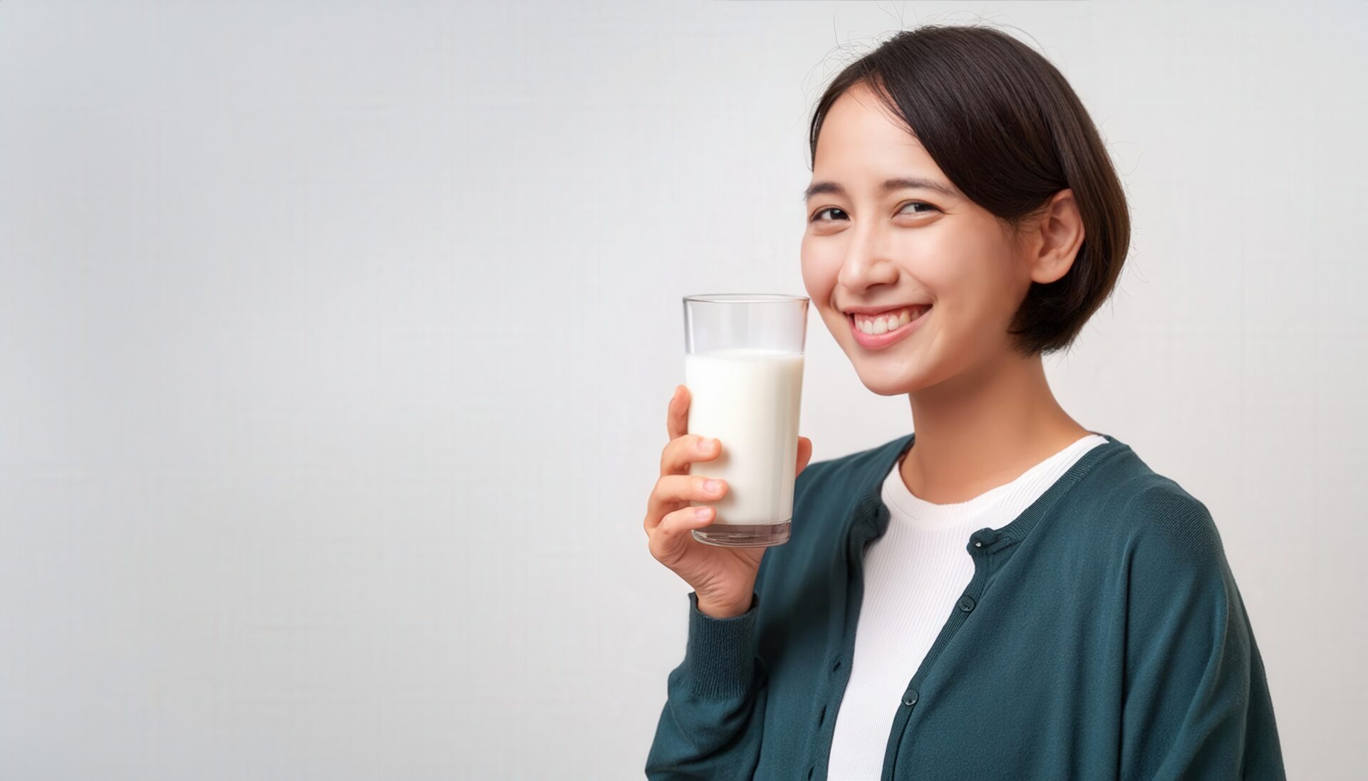 白背景で牛乳を持つ笑顔の若い女性