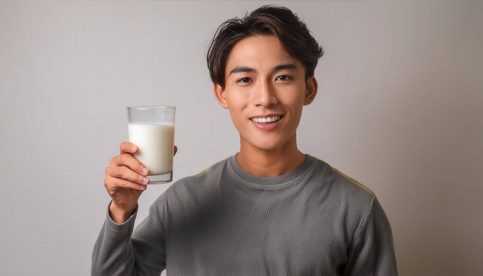 グレー背景で牛乳を持つ若い男性