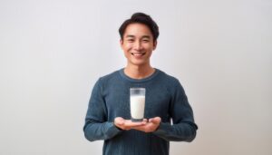 白背景で牛乳を両手に持つ若い男性