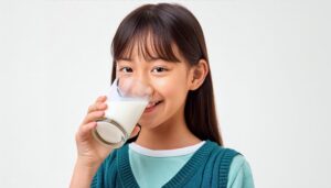 白背景で牛乳を飲む女の子