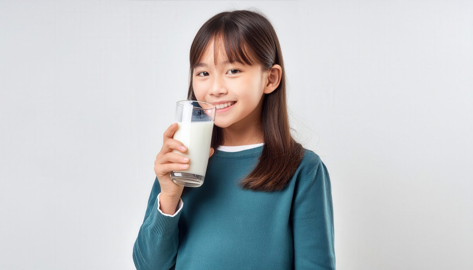白背景で牛乳を飲む女の子（正面）