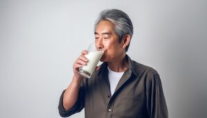 白背景で牛乳を飲む白髪の男性